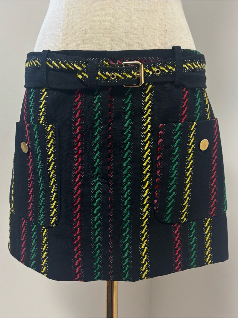 Balenciaga Belted Black Mini Skirt with Red, Green & Yellow Textured Stripes